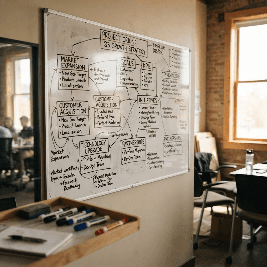 Whiteboard covered in a handwritten strategy diagram