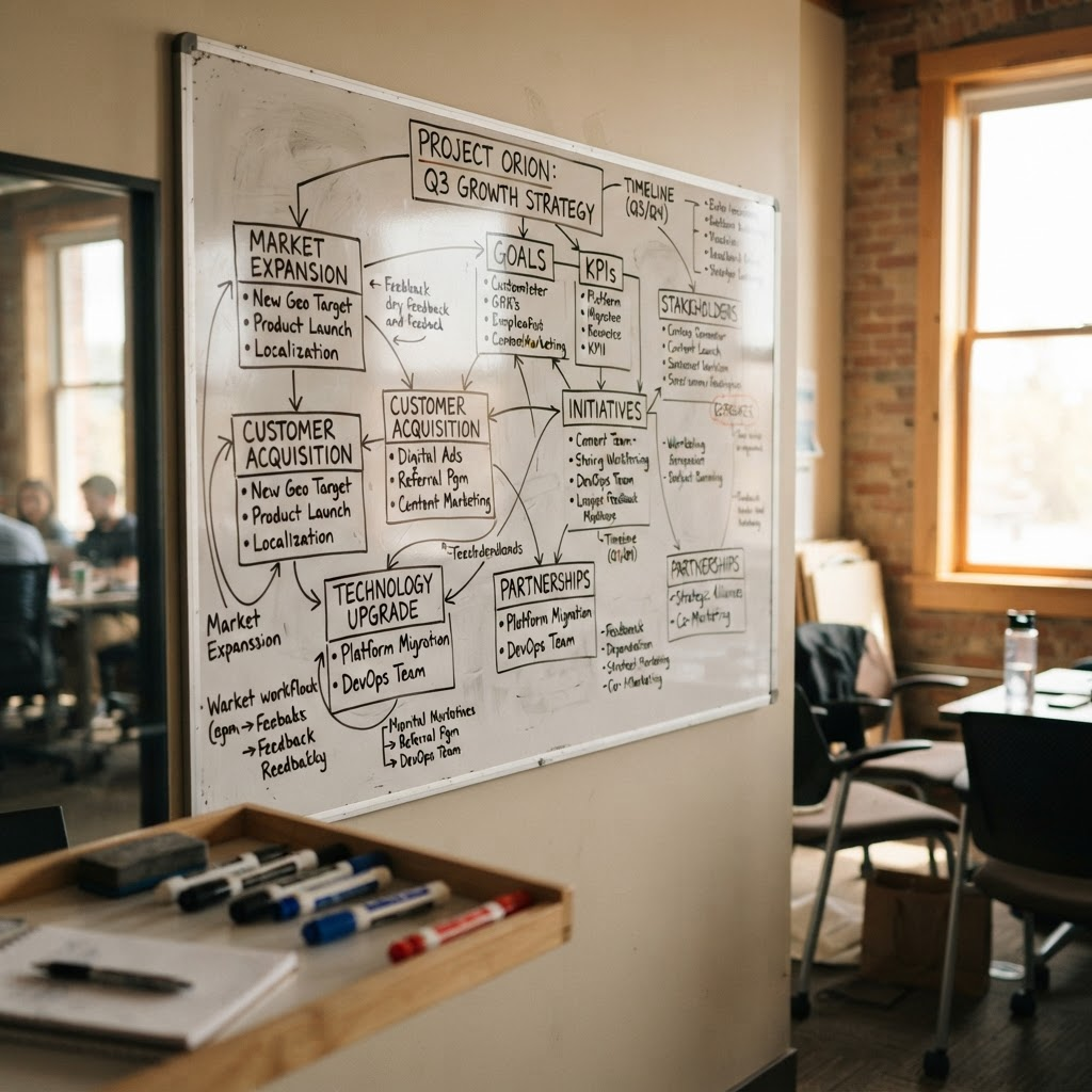 Whiteboard covered in a handwritten strategy diagram